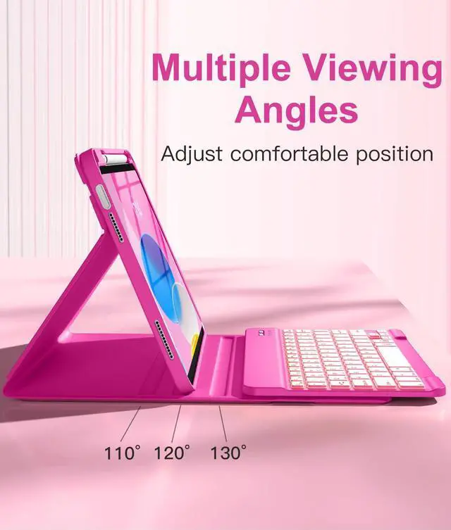 Alt view image 5 of 5 - Hamile iPad 10th Generation Case with Keyboard 10.9 Inch - 7 Colors Backlit Wireless Detachable Folio Keyboard Cover with Pencil Holder for New iPad 10th Gen 2022 (Hot Pink)