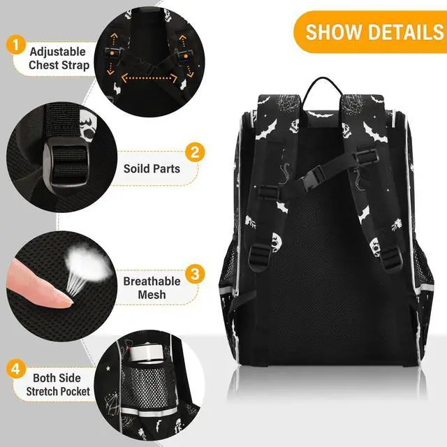 Alt view image 2 of 5 - XUWU Goth Skull Cat Backpack with Reflective Strip for Kids Boys Girls Elementary School Bag Removable Chest Strap