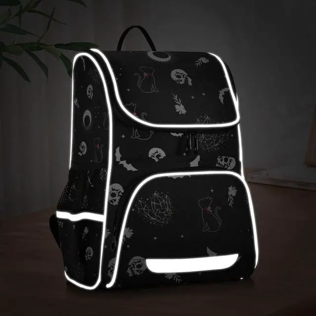 Alt view image 5 of 5 - XUWU Goth Skull Cat Backpack with Reflective Strip for Kids Boys Girls Elementary School Bag Removable Chest Strap