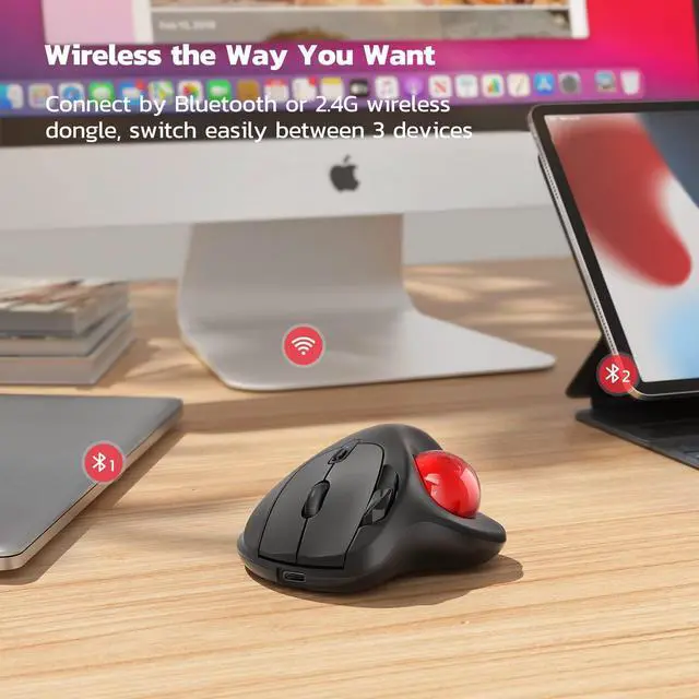 Alt view image 4 of 5 - Nulea M501 Wireless Trackball Mouse, Rechargeable Ergonomic, Easy Thumb Control, Precise & Smooth Tracking, 3 Device Connection (Bluetooth or USB Receiver), Compatible for PC, Laptop, Mac, Windows.