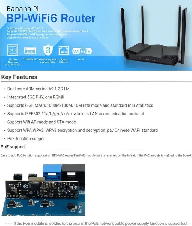 Alt view image 3 of 5 - WayPonDEV Banana Pi WiFi 6 OpenWRT Board, Dual Band Wireless Router, 802.11ax ac WiFi 6 Gigabit VPN Router, Integrated 5GE Phy and RGMII, Support WPA,WPA2,WPA3 (Black Case Bundle)