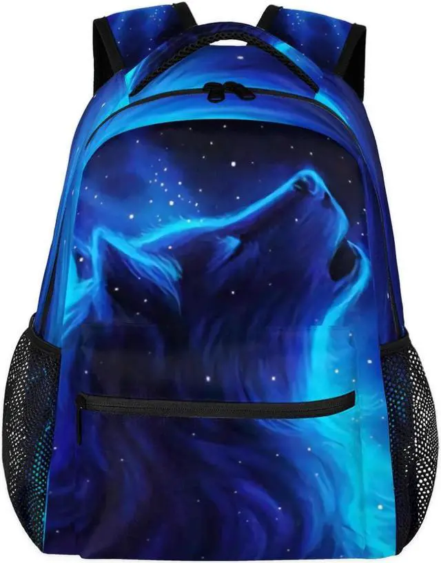 Main image of Wolf Backpacks for Boys Girls, Blue Galaxy Cool Wolf Lightweight School Backpack Laptop College Bookbag, Travel Casual Daypack, Hiking Camping Computer Rucksack