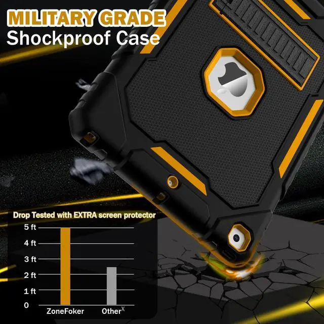 Alt view image 3 of 5 - ZoneFoker Case for iPad 9th/8th/7th Generation 2021/2020/2019(10.2 inch), Heavy Duty Military Grade Shockproof Rugged Protective 10.2" Cover with Built-in Stand for iPad 9 8 7 Gen (Black+Gold)