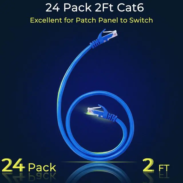 Alt view image 2 of 5 - Rapink Patch Cables Cat6 2ft (24 Pack), Ethernet Patch Cable 10G, Cat 6 Patch Cable for Patch Panel to Switch, Flexiable Cat 6 Ethernet Cable with Gold Plated Blue