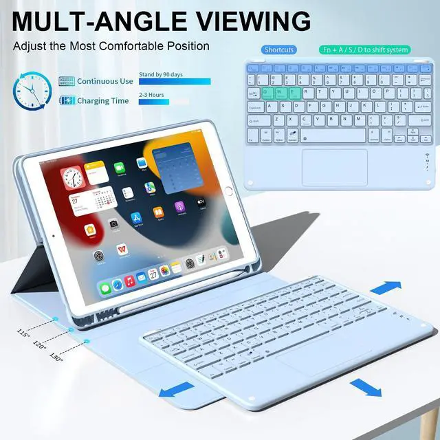 Alt view image 3 of 5 - JKSML 10.2 inch iPad 9th/8th/7th Generation 2021/2020/2019 Case with Touchpad Keyboard and Pencil Holder, Rechargeable Detachable Bluetooth Trackpad Keyboard (Quick Connection), Auto Wake/Sleep, Blue