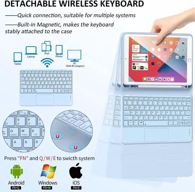 Alt view image 5 of 5 - JKSML 10.2 inch iPad 9th/8th/7th Generation 2021/2020/2019 Case with Touchpad Keyboard and Pencil Holder, Rechargeable Detachable Bluetooth Trackpad Keyboard (Quick Connection), Auto Wake/Sleep, Blue