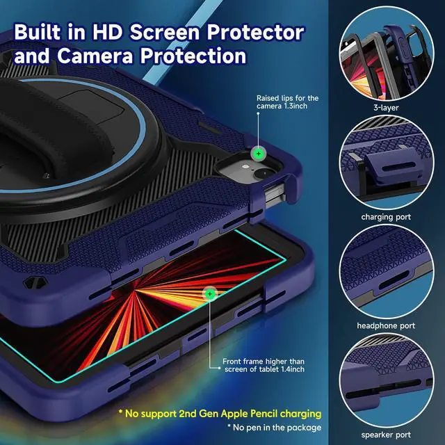 Alt view image 2 of 5 - ROSROME For iPad Air 5th 4th Generation 10.9 inch Case with Screen Protector [15ft Drop Protection] iPad Pro 11 Case 4th 3rd 2nd 1st Gen (2022 2021 2020 2018) for Kids W/ 360 Stand Hand/Shoulder Strap
