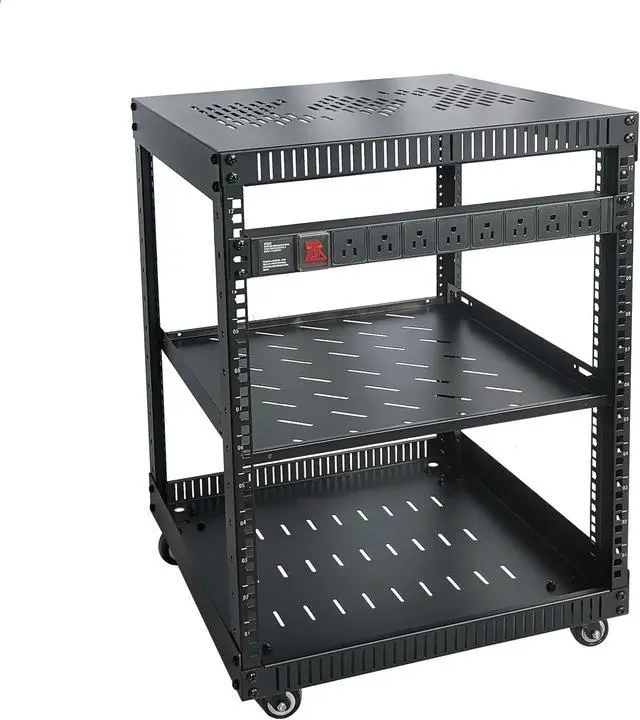 Main image of RIVECO 12U Network Rack with Reinforced Top Cover - 4 Post Floor Rack on Wheels for 19" Equipment & Stereo Gear- Including Rack Mount Power Strip & 1PCS 1U Rack Shelf