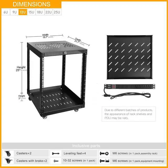 Alt view image 2 of 5 - RIVECO 12U Network Rack with Reinforced Top Cover - 4 Post Floor Rack on Wheels for 19" Equipment & Stereo Gear- Including Rack Mount Power Strip & 1PCS 1U Rack Shelf