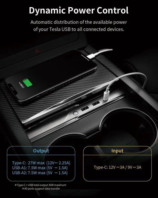 Alt view image 3 of 5 - JOWUA Mini LED Hub Bar Compatible for Tesla Model S/X (2021+), 1 USB-C Port, 2 USB-A Ports