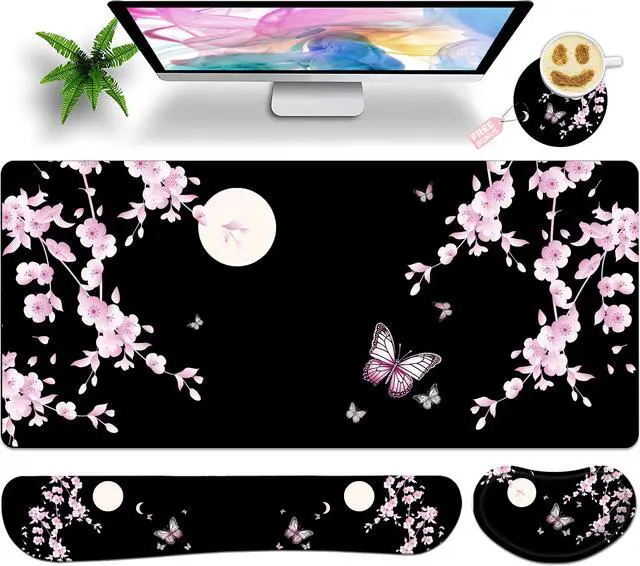 Main image of JYCUHTCL Large Gaming Mouse Pad Set 35.4 x 15.7 with Keyboard Wrist Rest, Wrist Support, and Coaster Memory Foam Smooth Desk Pad Mousepad for Home Office School - Cherry Blossom Moon