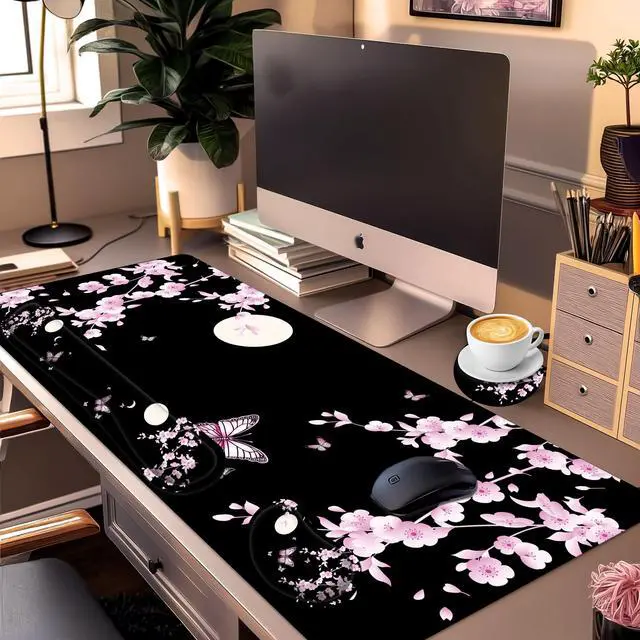 Alt view image 2 of 5 - JYCUHTCL Large Gaming Mouse Pad Set 35.4 x 15.7 with Keyboard Wrist Rest, Wrist Support, and Coaster Memory Foam Smooth Desk Pad Mousepad for Home Office School - Cherry Blossom Moon