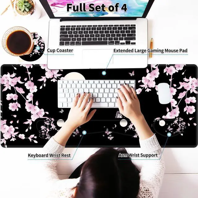 Alt view image 3 of 5 - JYCUHTCL Large Gaming Mouse Pad Set 35.4 x 15.7 with Keyboard Wrist Rest, Wrist Support, and Coaster Memory Foam Smooth Desk Pad Mousepad for Home Office School - Cherry Blossom Moon