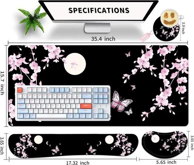 Alt view image 4 of 5 - JYCUHTCL Large Gaming Mouse Pad Set 35.4 x 15.7 with Keyboard Wrist Rest, Wrist Support, and Coaster Memory Foam Smooth Desk Pad Mousepad for Home Office School - Cherry Blossom Moon