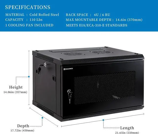 Alt view image 2 of 5 - RackPath 6U Wall Mount Server Cabinet Network Rack Enclosure, Quiet Cooling Fan, Perforated Door, Black
