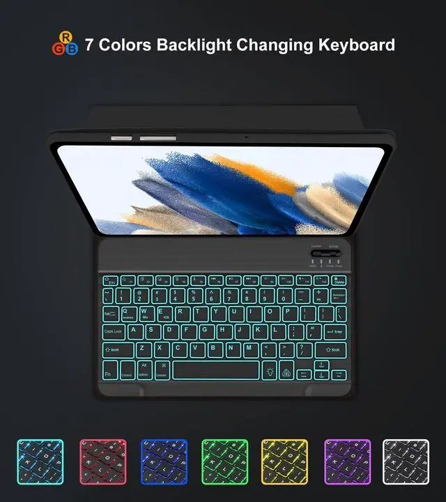 Alt view image 3 of 5 - Galaxy Tab A8 Keyboard Case (10.5 inch 2022 Release), 7 Colors Vibrant Backlit, Bluetooth Separate Keyboard for Samsung Galaxy Tab A8, Smart Auto Sleep/Wake Up Slim Synthetic Leather Folio, Black