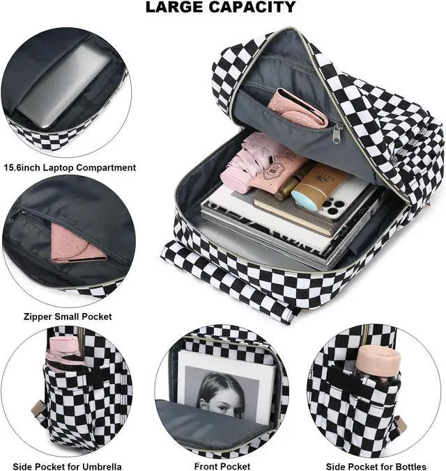 Alt view image 2 of 5 - Kouxunt Checkered Laptop Backpack for Women Girls, 15.6 inch College School Backpacks Travel Casual Daypack