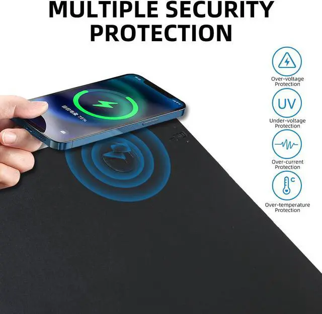 Alt view image 5 of 5 - Wireless Charging Mouse Pad with for Desktop Charging Large Desk Mat 32"x16" Waterproof Black Leather Computer Mat Mousepad Non-Slip Protector on Top of Desks for Keyboard and Mouse(Black-L)