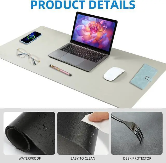 Alt view image 3 of 5 - Wireless Charging Mouse Pad with for Desktop Charging Large Desk Mat 32"x16" Waterproof Gray Leather Computer Mat Mousepad Non-Slip Protector on Top of Desks for Keyboard and Mouse(Gray-R)