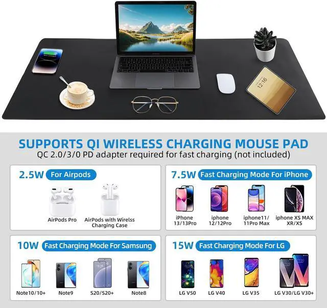 Alt view image 4 of 5 - Wireless Charging Mouse Pad with for Desktop Charging Large Desk Mat 32"x16" Waterproof Black Leather Computer Mat Mousepad Non-Slip Protector on Top of Desks for Keyboard and Mouse(Black-L)