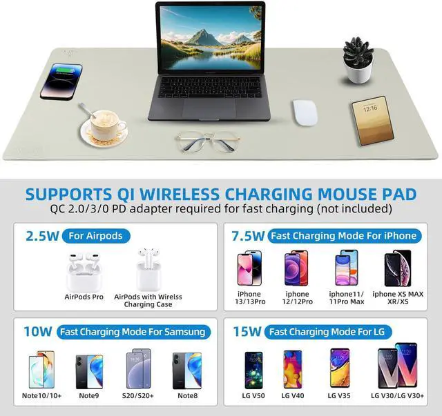 Alt view image 4 of 5 - Wireless Charging Mouse Pad with for Desktop Charging Large Desk Mat 32"x16" Waterproof Gray Leather Computer Mat Mousepad Non-Slip Protector on Top of Desks for Keyboard and Mouse(Gray-R)