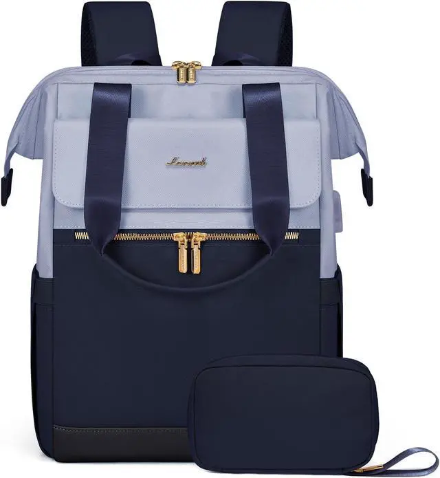 Main image of LOVEVOOK Laptop Backpack for Women, 15.6 Inch Work Laptop Bag with USB Port, Fashion Teacher Nurse Backpack Purse, Waterproof Travel Computer Backpack with Organizer Bag, 2PCS, Grey Blue-Ink Blue