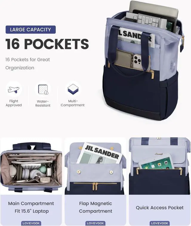 Alt view image 2 of 5 - LOVEVOOK Laptop Backpack for Women, 15.6 Inch Work Laptop Bag with USB Port, Fashion Teacher Nurse Backpack Purse, Waterproof Travel Computer Backpack with Organizer Bag, 2PCS, Grey Blue-Ink Blue