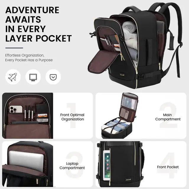 Alt view image 3 of 5 - LOVEVOOK Travel Backpack for Women & Men, 45L Carry On Backpack, Personal Item Bag with 3 Packing Cubes, Business Weekender Overnight Luggage Daypack, Fits 18 Inch Laptop, Black
