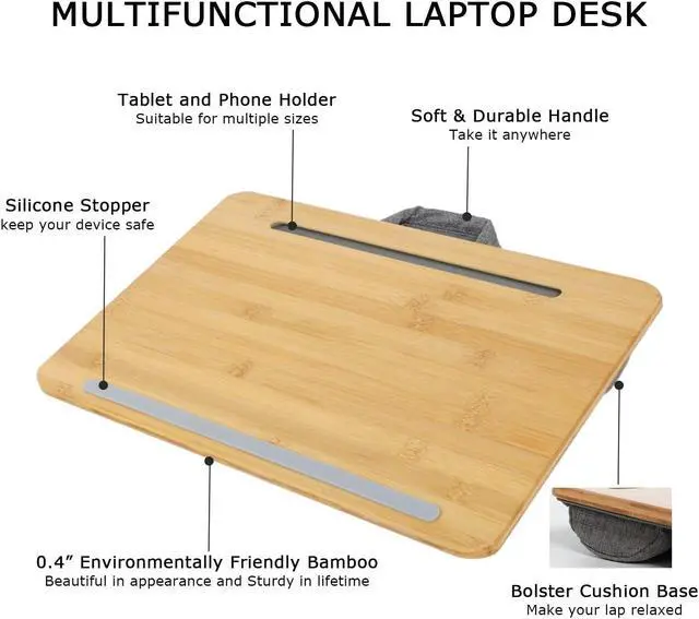 Alt view image 4 of 5 - SUMISKY Portable Laptop Desk with Cushion and Phone Holder Bamboo Laptop Stand for Sofa Fits Up to 14 Inches