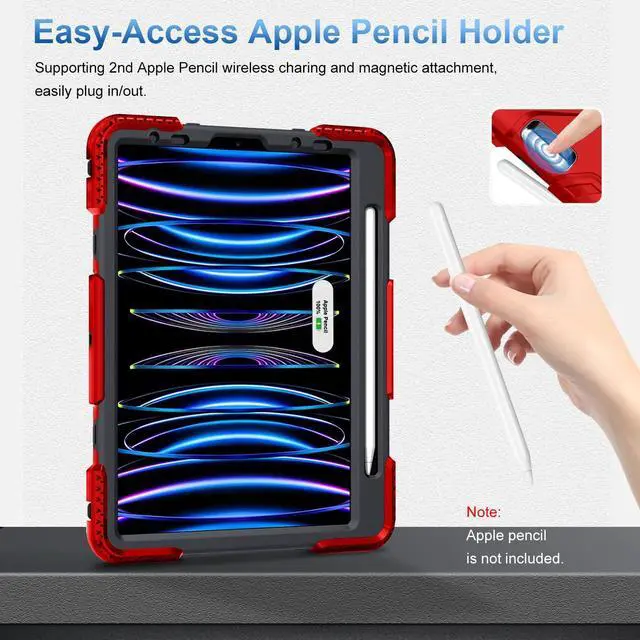 Alt view image 4 of 4 - SUPFIVES Case for iPad Pro 11 2022 4th Generation: Upgraded Military Grade Shockproof Full Body Protective Case - Swivile Kickstand - Pencil Holder - Hand & Shoulder Strap for iPad Pro 11 2022- Red