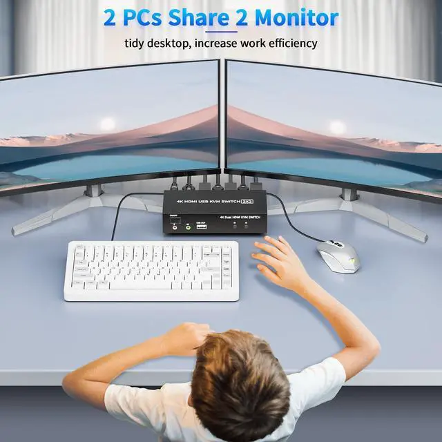 Alt view image 2 of 5 - 2 Ports Dual Monitor KVM Switch, 4K@60Hz KVM Switch 2 Monitors 2 Computers, KVM Dual Monitor HDMI Switcher 2x2 for 2 Computers Share 2 Displays and 5 USB 2.0 Ports, Wired Remote and USB Power Cable
