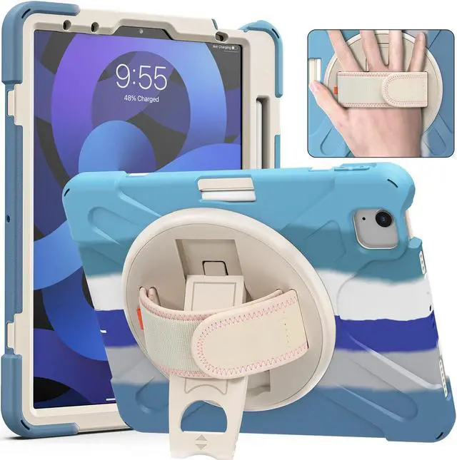 Main image of Shockproof Case for iPad Pro 11 2020/2018, iPad Air 4th Generation 2020 10.9-inch Case, Techcircle Multi-Angle Rotating Stand Rugged Rainbow Design Heavy Duty Protective Case with Hand Strap, Blue