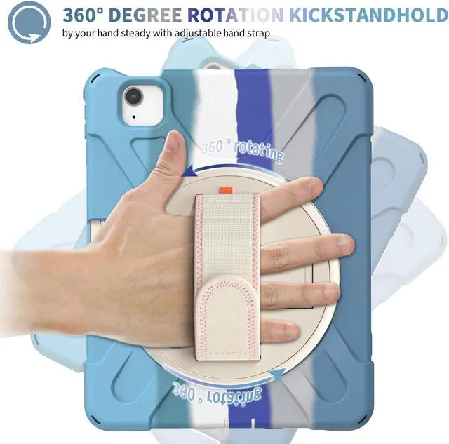 Alt view image 2 of 5 - Shockproof Case for iPad Pro 11 2020/2018, iPad Air 4th Generation 2020 10.9-inch Case, Techcircle Multi-Angle Rotating Stand Rugged Rainbow Design Heavy Duty Protective Case with Hand Strap, Blue