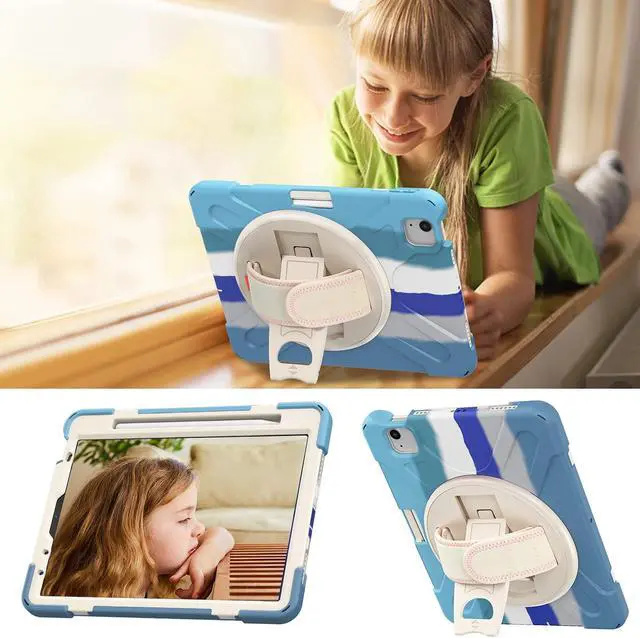 Alt view image 3 of 5 - Shockproof Case for iPad Pro 11 2020/2018, iPad Air 4th Generation 2020 10.9-inch Case, Techcircle Multi-Angle Rotating Stand Rugged Rainbow Design Heavy Duty Protective Case with Hand Strap, Blue