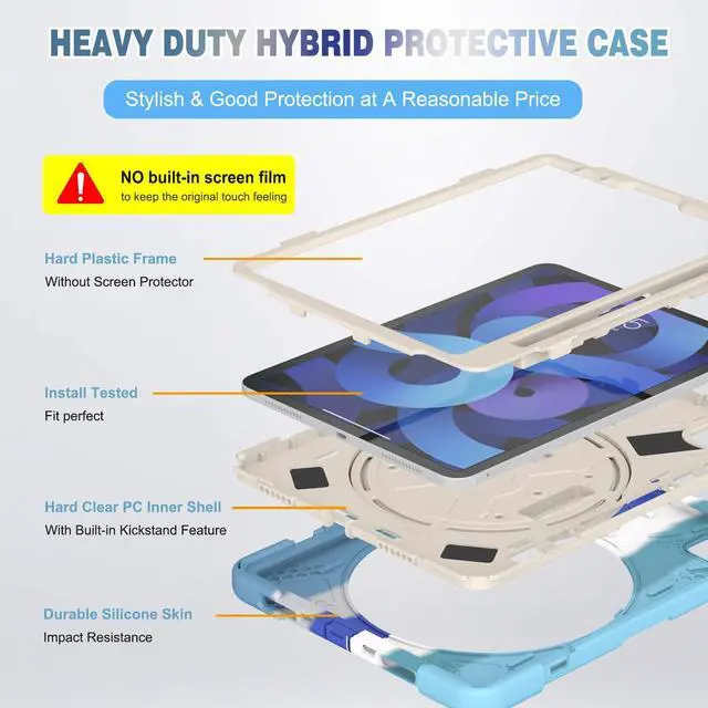 Alt view image 4 of 5 - Shockproof Case for iPad Pro 11 2020/2018, iPad Air 4th Generation 2020 10.9-inch Case, Techcircle Multi-Angle Rotating Stand Rugged Rainbow Design Heavy Duty Protective Case with Hand Strap, Blue