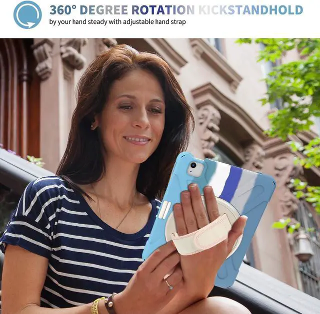 Alt view image 5 of 5 - Shockproof Case for iPad Pro 11 2020/2018, iPad Air 4th Generation 2020 10.9-inch Case, Techcircle Multi-Angle Rotating Stand Rugged Rainbow Design Heavy Duty Protective Case with Hand Strap, Blue