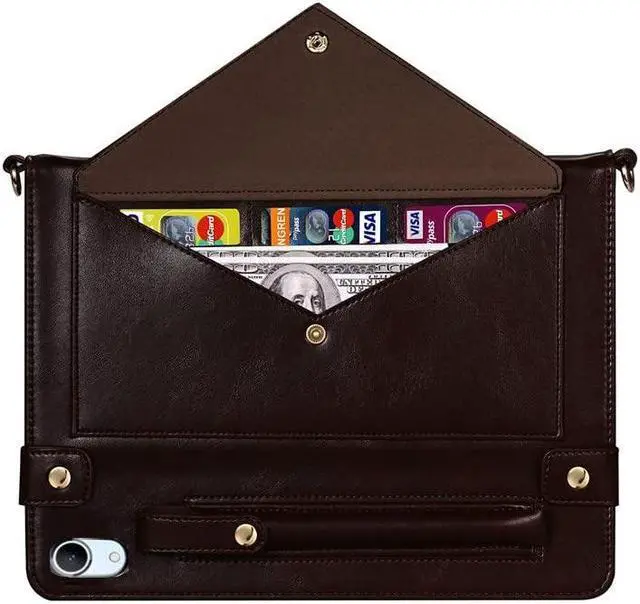 Alt view image 4 of 5 - Handbag Case for iPad Mini 2024/2021 8.3", Techcircle Folio Stand PU Leather Crossbody iPad Mini 6th/7th Gen Cover with Pencil Holder+Card Slots Wallet Case with Shoulder Strap+Hand Strap, Dark Brown