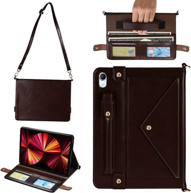 Main image of Handbag Case for iPad Mini 2024/2021 8.3", Techcircle Folio Stand PU Leather Crossbody iPad Mini 6th/7th Gen Cover with Pencil Holder+Card Slots Wallet Case with Shoulder Strap+Hand Strap, Dark Brown