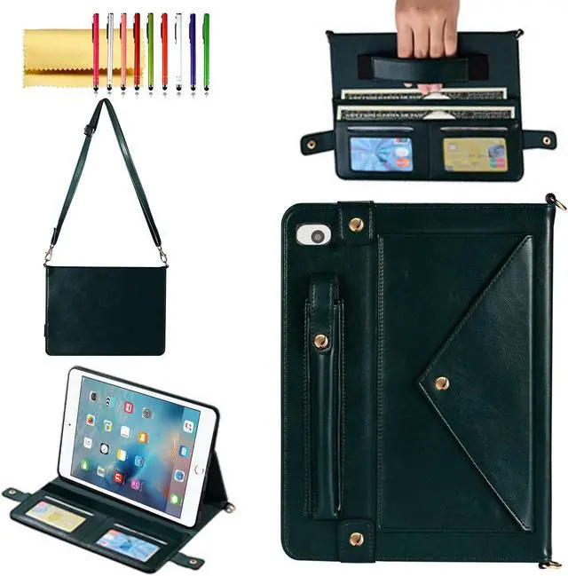 Main image of Handbag Case for iPad Mini 5th/4th/3th/2th/1st Generation, Techcircle Folio Stand PU Leather Crossbody iPad Mini Cover with Hand Strap, Multiple Card Slots Envelope Pocket Wallet Case, Midnight Green