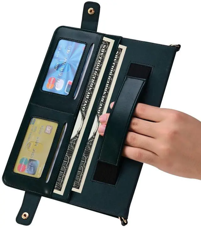 Alt view image 5 of 5 - Handbag Case for iPad Mini 5th/4th/3th/2th/1st Generation, Techcircle Folio Stand PU Leather Crossbody iPad Mini Cover with Hand Strap, Multiple Card Slots Envelope Pocket Wallet Case, Midnight Green