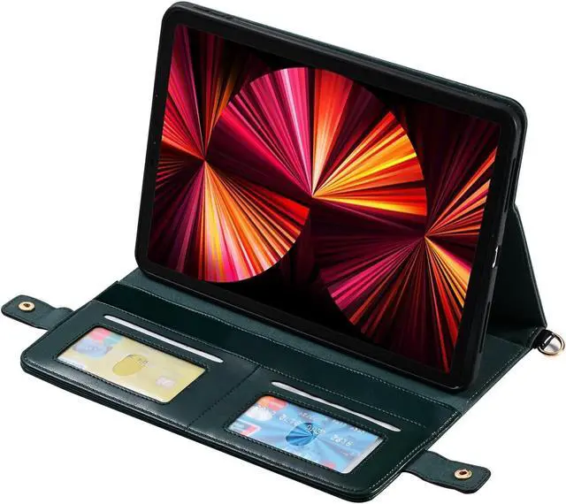 Alt view image 3 of 5 - Handbag Case for Samsung Galaxy Tab S10 FE/S9 FE/S9/S8/S7 11", Techcircle Folio Stand Crossbody Wallet Case with Pen Holder & Card Slots Pocket, Hand/Shoulder Strap Protective Cover, Midnight Green