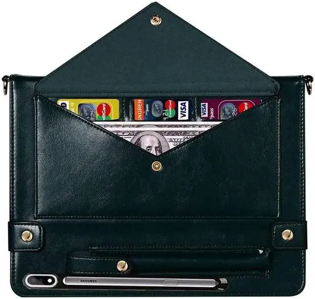 Alt view image 4 of 5 - Handbag Case for Samsung Galaxy Tab S10 FE/S9 FE/S9/S8/S7 11", Techcircle Folio Stand Crossbody Wallet Case with Pen Holder & Card Slots Pocket, Hand/Shoulder Strap Protective Cover, Midnight Green