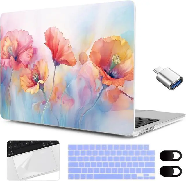 Main image of MEEgoodo Case for MacBook Air 15 inch M4/M3/M2 2025 2024 2023, Case Fit Model (A3241/A3114/A2941) for MacBook Air 15-inch, Laptop with Keyboard & Camera Cover & OTG Adapter, Field Rainbow Poppies