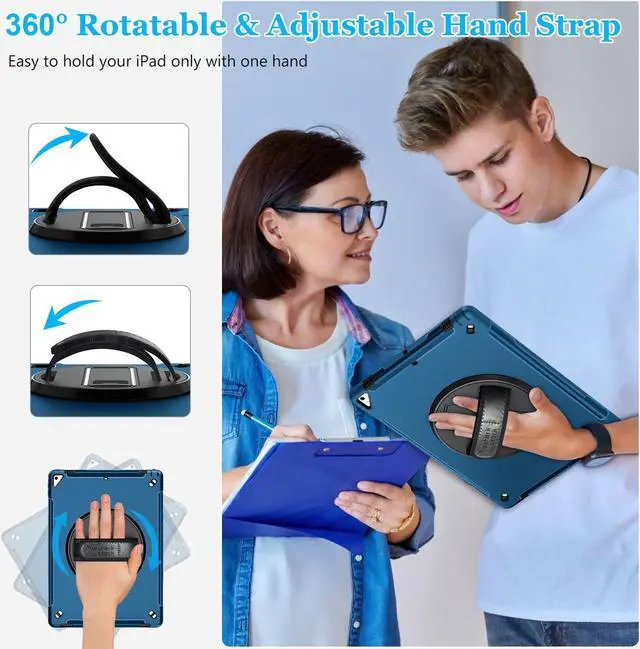 Alt view image 4 of 5 - Case for iPad Pro 12.9 2nd Generation 2017& 2015 1st Generation, Heavy Duty TPU Protective Cover with Screen Protector- 360° Rotatable Stand + Handle Hand & Shoulder Strap + Pencil Holder- Blue