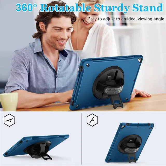 Alt view image 3 of 5 - Case for iPad Pro 12.9 2nd Generation 2017& 2015 1st Generation, Heavy Duty TPU Protective Cover with Screen Protector- 360° Rotatable Stand + Handle Hand & Shoulder Strap + Pencil Holder- Blue