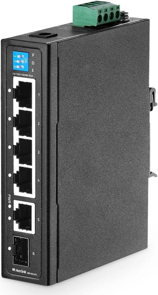 Main image of MokerLink 6 Port Industrial Din Rail Gigabit Switch - 4 x 100/1000Mbps Ports, 1 Gigabit Uplink, 1 SFP - Metal DIN-Rail & Wall Mount Ethernet Switch