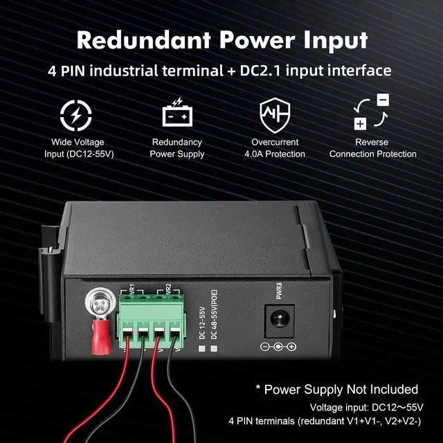Alt view image 4 of 5 - MokerLink 6 Port Industrial Din Rail Gigabit Switch - 4 x 100/1000Mbps Ports, 1 Gigabit Uplink, 1 SFP - Metal DIN-Rail & Wall Mount Ethernet Switch
