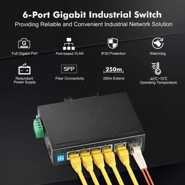 Alt view image 2 of 5 - MokerLink 6 Port Industrial Din Rail Gigabit Switch - 4 x 100/1000Mbps Ports, 1 Gigabit Uplink, 1 SFP - Metal DIN-Rail & Wall Mount Ethernet Switch