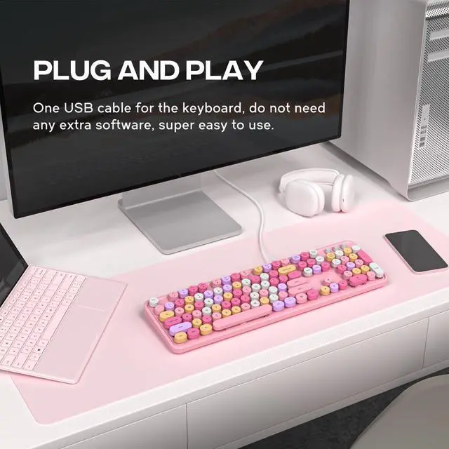 Alt view image 2 of 5 - MOWUX Computer Keyboard Wired, Plug and Play USB Retro Round Typewriter Keyboard, Full Size Wired Keyboard with Foldable Stands for Laptop and Office PC- Pink Colorful