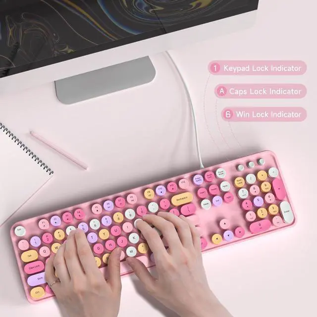Alt view image 3 of 5 - MOWUX Computer Keyboard Wired, Plug and Play USB Retro Round Typewriter Keyboard, Full Size Wired Keyboard with Foldable Stands for Laptop and Office PC- Pink Colorful